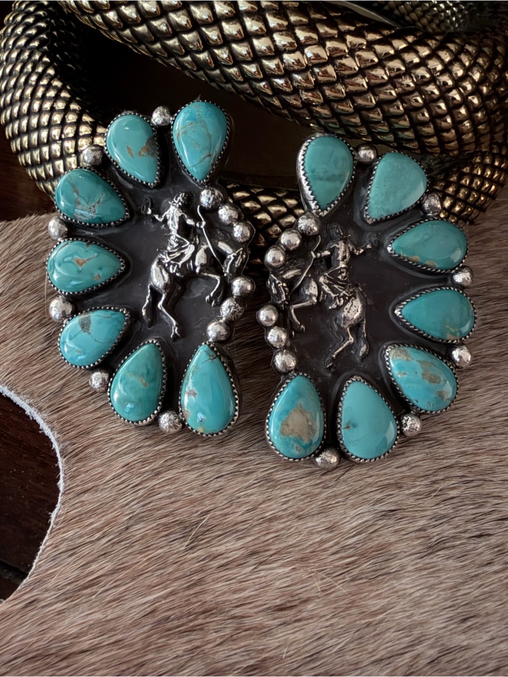 Be the Light - Sterling Silver Turquoise Western Horse Cluster Earrings - Picture 4 of 4